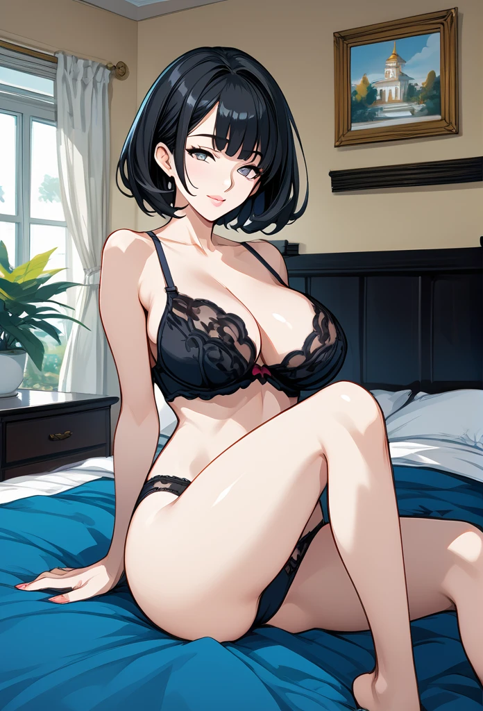 mature woman, mature face, hot face, glossy lips, (black hair, short hair, hime bangs), mature body, big breast, big ass, bedroom, underwear, panties, lingerie, front view, seductive hips
