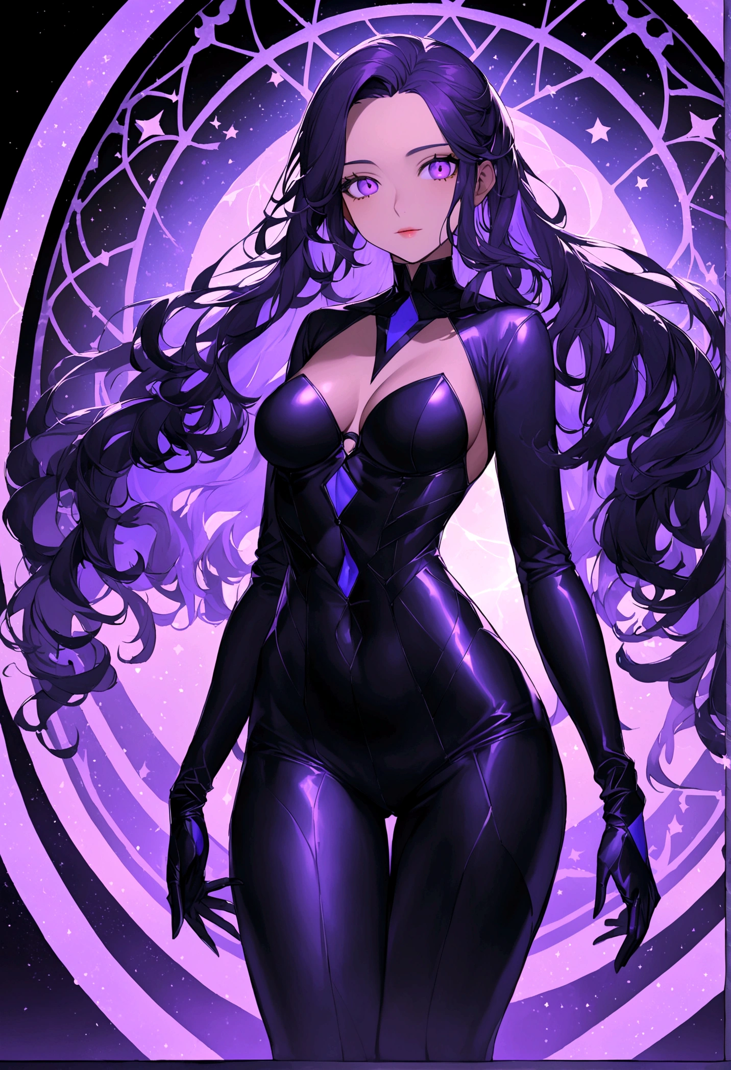 a 20-year-old female character, 1,50m high, long wavy dark blue hair, purple and blue streaks in the clear at the tip, dark violet eyes, Caucasian skin, fully body, hourglass style, medium breasts,  quadil largo, Waist slender, a fulfilled