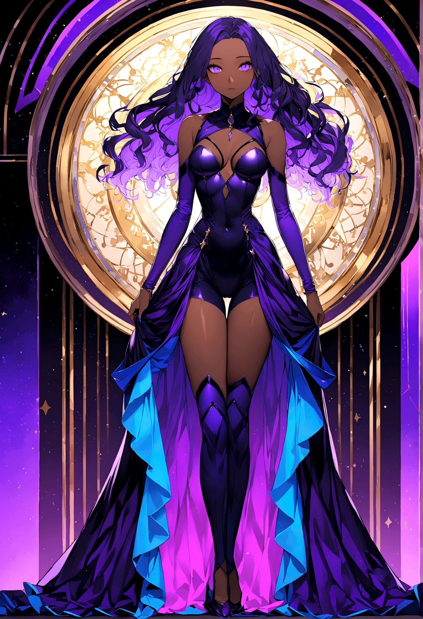 a 20-year-old female character, 1,50m high, long wavy dark blue hair, purple and blue streaks in the clear at the tip, dark violet eyes, Caucasian skin, fully body, hourglass style, medium breasts, quadil largo, Waist slender, a fulfilled