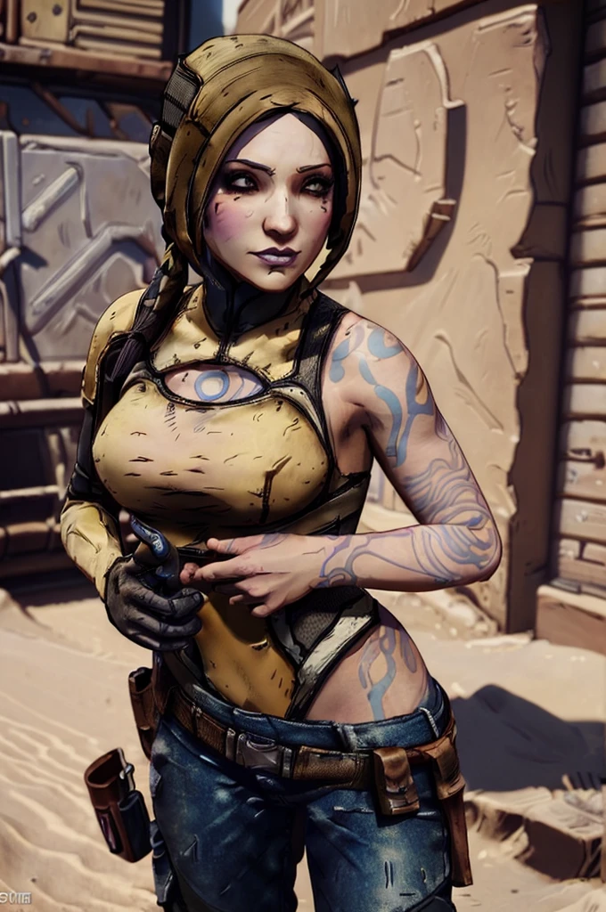 (((Masterpiece))), (((Best Quality: 1.4))), ((Super Detail: 1.4)) , Female, bandit (borderlands), standing, full breast, 4K, 8K,