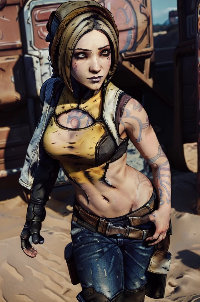 (((Masterpiece))), (((Best Quality: 1.4))), ((Super Detail: 1.4)) , Female, bandit (borderlands), standing, full breast, 4K, 8K, perfect eyes, perfect hands, NSFW, nipples, vagina,