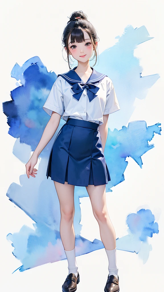 (1 Girl、alone、whole body、14 years old、natural standing posture)、(Standing casually)、(whole body:1.4)、(whole bodyショーケース)、(whole bodyを見せる)、((Character Concept Art))、(Portraiture:1.2)、(Detailed facial depiction、A meticulously drawn face、A kind smile)、Short dark brown hair、Sailor suit、Navy blue sailor collar、uniform、Short skirt:1.37、超Short skirt、shoes、loafers、(Vintage、Classic)、((No background))、((White Background))、Blur the background、(No logo)、((Watercolor))、Impressionist style painting、(Highest quality、masterpiece)、