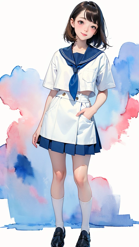 (1 Girl、alone、whole body、14 years old、natural standing posture)、(Standing casually)、(whole body:1.4)、(whole bodyショーケース)、(whole bodyを見せる)、((Character Concept Art))、(Portraiture:1.2)、(Detailed facial depiction、A meticulously drawn face、A kind smile)、Short dark brown hair、Sailor suit、Navy blue sailor collar、uniform、Short skirt:1.37、超Short skirt、shoes、loafers、(Vintage、Classic)、((No background))、((White Background))、Blur the background、(No logo)、((Watercolor))、Impressionist style painting、(Highest quality、masterpiece)、