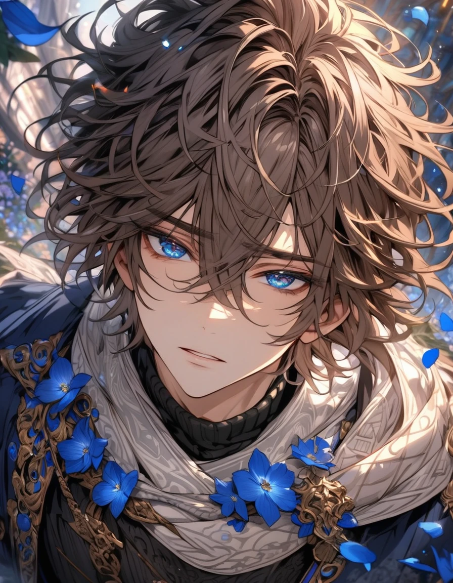 absurdres, highres, ultra detailed, HDR, master piece, best quality, Nair, brown hair, messy hair, with bangs, short hair, hair between the eyes, expressive blue eyes, Dream and Legacy, solo, sexy man, handsome, white scarf, dark blue coat with patterns, black sweater, fantasy, shining, blue flowers, blossoms, magical, blue petals