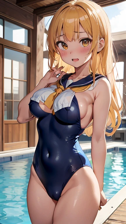 mastute piece,Best Quality,insanely detailed,8k cg,nsfw,
(shoot upper body:1.3),
(1girls:1.3),standing,looking at viewr,body in front,both arms behind back,(sailor school swimsuit:1.3),(bare breasts:1.1),(bare nipples:1.1),
break,
blush,shy,(ecstasy face),(trembling:1.2),break,(light yellow hair:1.2),
break,
perfect breasts,perfect teats,(open mouth:0.9),(large breasts:1.2),
(poolsaid)、