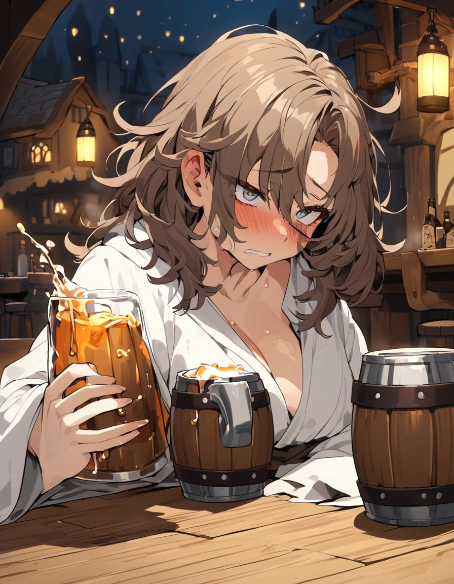 Adult Female, very short brown hair, grey eyes, scar on left cheek, drunk, white cleric robes, fantasy tavern, nighttime, mixed patrons, drinking from tankard, not looking, far away, apathetic, highly detailed, high quality, perfect anatomy, tired, messy hair, perfect eyes, vibrant eyes