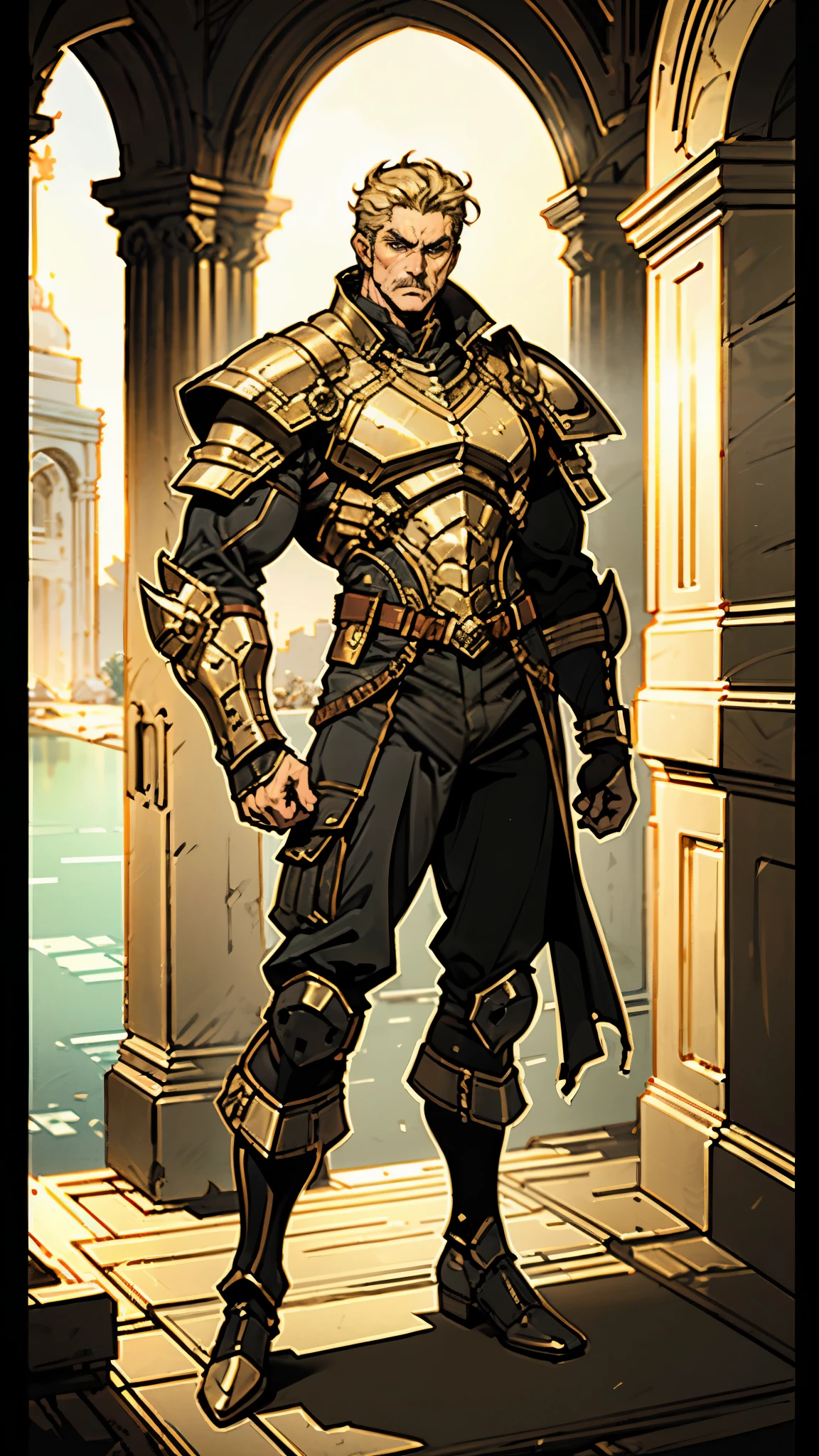 (masterpiece:1.2, best quality, extremely delicate, perspective, foreshortening, dynamic angle), a middle-aged man with slicked-back golden hair, a dignified face, deep eyes, a mustache on his upper lip, a focused expression, tall and muscular, covered in scars, fantasy-reality style warrior leather armor, ribbons tied around his arms, black iron bracers, dark cargo pants, standing guard in front of a fortress gate, this character embodies a finely crafted fantasy-realist style warrior in anime style, exquisite and mature manga art style, dramatic, high definition, highres, ultra-detailed, ultra-fine painting, professional, perfect body proportions, golden ratio, anatomically correct, symmetrical face, extremely detailed eyes and face, high quality eyes, creativity, RAW photo, UHD, 32k, Natural light, cinematic lighting, masterpiece-anatomy-perfect