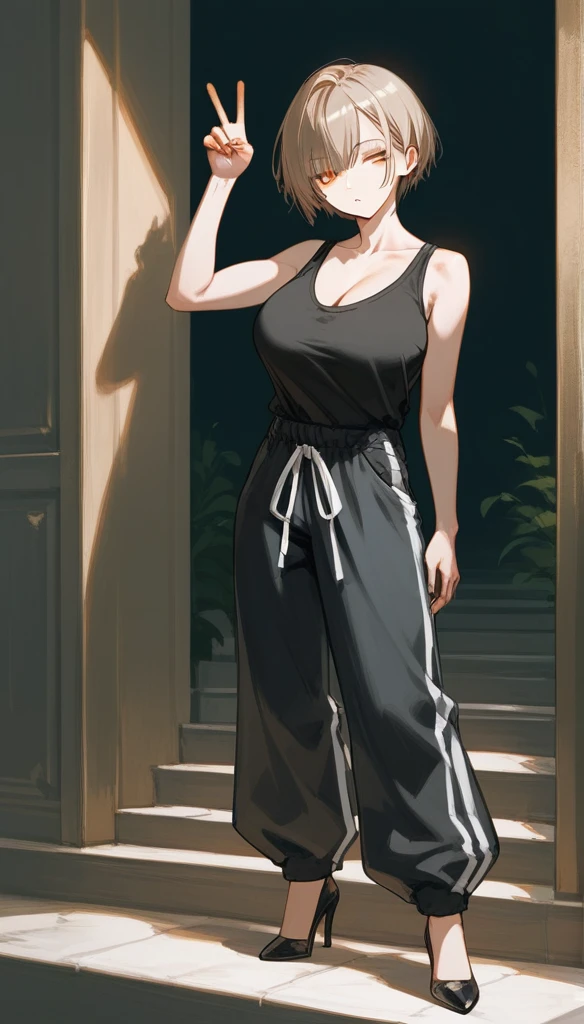 masterpiece, Score_9, Score_8_up, Score_7_up, front view, 1 woman, alone, black and light brown hair, very short hair, parted bangs, golden and orange eyes, half-closed eyes, parted lips, expressionless, pale skin, large breasts, many scars, one scar on one eye, the best quality, long and open bangs, black sleeveless shirt, black V-neckline, baggy pants, high heels.