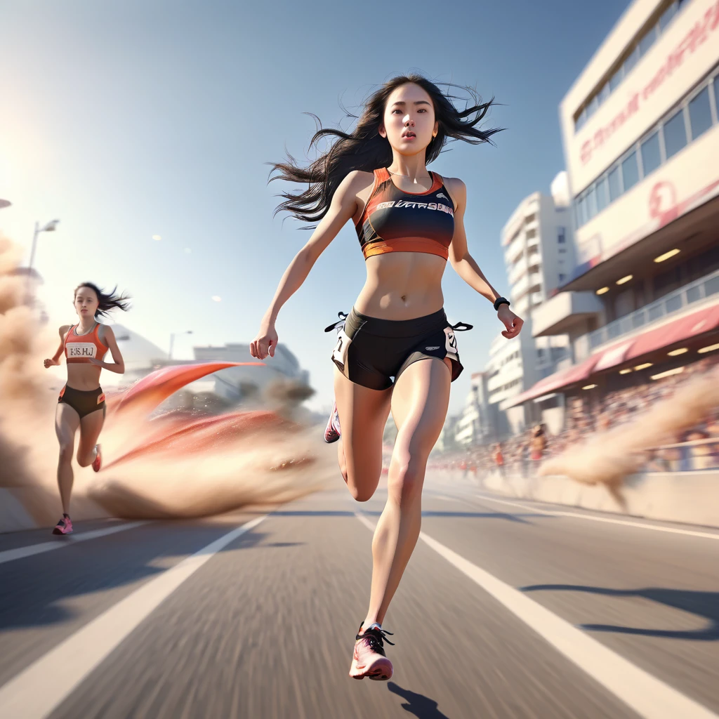 Young female athlete racing on the road, Long flowing black hair, Sleek and aerodynamic running wear, intense expression, Several female athletes compete in a heated race, Dynamic Motion Blur, A low-angle view that emphasizes long legs and powerful strides, Cinema Lighting, Vibrant colors, (Highest quality,4K,8K,High resolution,masterpiece:1.2),Super detailed,(Realistic,photoRealistic,photo-Realistic:1.37),Very detailed顔と目,Beautiful lip detail,Very detailed, hyper Realistic, Professional photography, Cinema Lighting, Dynamic action scenes, Wonderful landscape