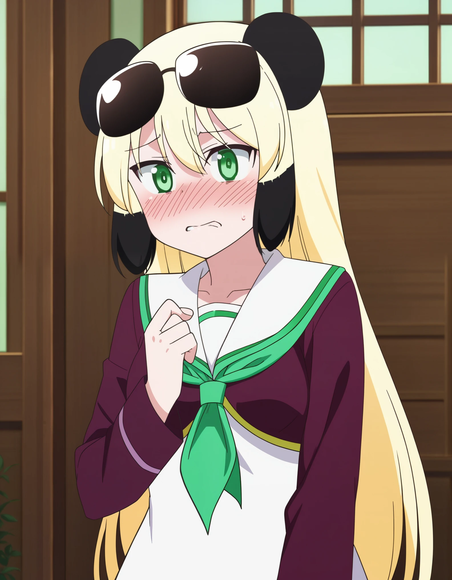 score_9, score_8_up, source_anime, highly detailed,
meimei, 1girl, solo, green eyes, eyewear on head, long hair, blonde hair, black thighhighs, sunglasses, , neckerchief, panda ears, upper body, blush, embarassed,
indoor,