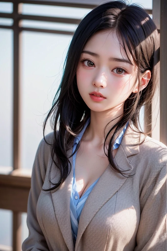 (1 nogizaka girl,15years old face,raw photo,photo realistic:1.5),(best quality, high quality,HDR, highest quality,ultra high resolution,high resolution,high res,ultra high difinition,huge file size,8K,2K wallpaper,8K wallpaper,high quality texture,amazing,an extremely delicate:1.4),one girl, Japanese famous idol,cute face,small face,absurd,ridiculous,incredibly ridiculous,blurry background,(school uniform,short hair,cleavage,no makeup:1.2),medium skin,beautiful skin,detailed skin,black hair,silky hair,black eyes,Japanese nose,5-fingers,(Light Particles, Lens Flare, Luminous Particles: 0.7),looking at viewer,bright lighting,professional lighting,girl