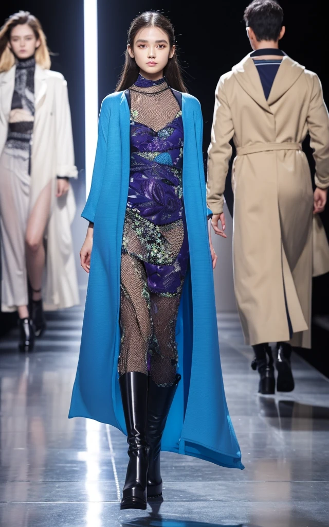 Adaptive Fashion: Clothes that change according to the environment。Fabric that changes its material in response to temperature and humidity。Design with color-changing and shape-memory functions。The background is the gorgeous runway of Paris Fashion Week。 
