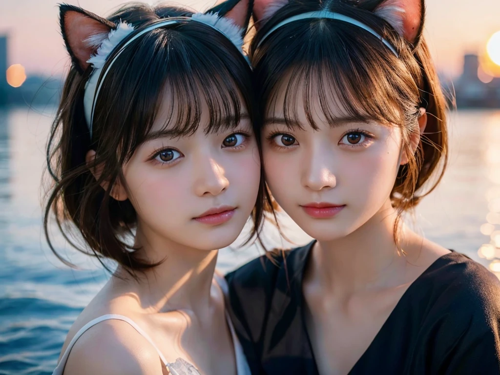8K、Two beautiful girls, 15 and 18 years old,,A little sad look,Rembrandt Lighting,(Photorealistic:1.2), (Highest quality), (Detailed skin:1.3), (Intricate details), Ray Tracing,Two Girls, In detail,real,RAW Photos & Realistic atmosphere,、,Detailed lips,Beautiful, shining lips, Detailed face、Cheek to cheek, in the sea、Strong winds (Highest quality,masterpiece:1.3,Ultra-high resolution),(Very detailed,Caustics,8K),(Realistic:1.4,RAW shooting), In detail,real,Scattered beneath the surface,(blush:0.5), Detailed skin texture,Japanese,cute,Cat ears headband,S Sailor Suit,Black long and short hair,Looking at the camera,Collarbone Bare Skin,(Face Focus:1.1),(Face close-up:1.1),Sunset,Natural light