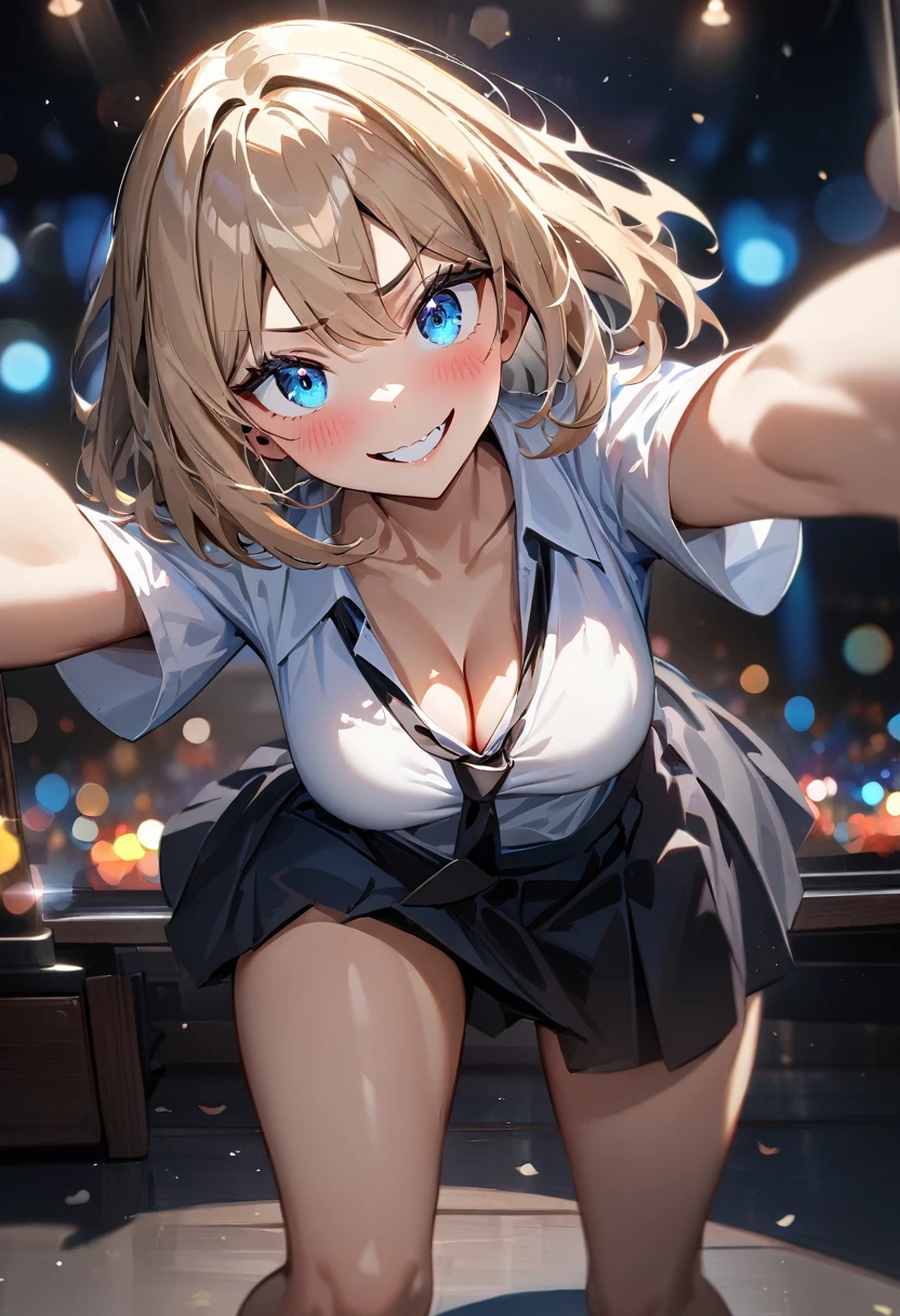 (((One girl))), blond hair, bob cut, (cowboy shot), (looking at viewer), face in focus, breasts, teenager, head tilt:1.3, (((blue eye))), wide eyes, ((evil smile)), ((blush)), school summer uniform, white shirts, ((black tie)), black skirt, dynamic pose, cleavage, anime style, (best quality, 4k, 8k, highres, masterpiece:1.2, ultra-detailed, ultra-detailed eyes, HDR, UHD, studio lighting, ultra-fine painting, sharp focus, physically-based rendering, extreme detail description, professional, vivid colors, bokeh)