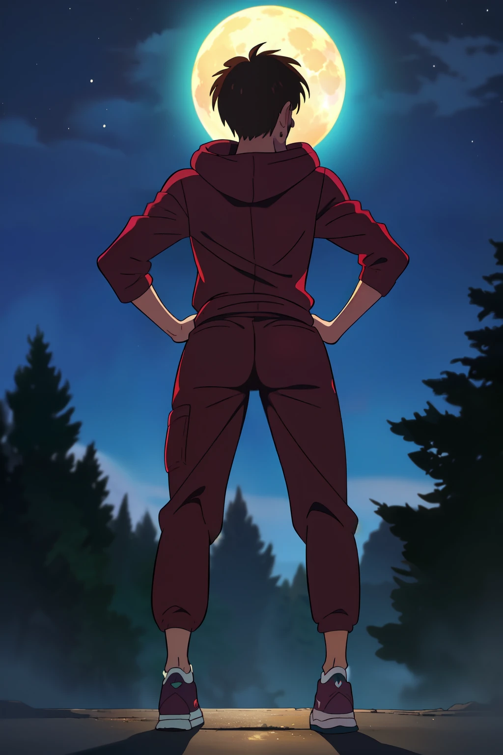 (((Ultra-Detailed, Best Quality, Ultra-Realistic, High Quality))), (Standing, Bent Forward, Hands On Hips, Hand On Thighs), (Ass View, Back View, Behind View, Booty View, Butt View, Calf Close-Up, Full Body, View From Below Looking Up At The Rear,) (Alone), (Single), (Solo), (1 Boy), (Single Boy), (Young Boy), (Teenage Boy), (Teenager), (15 Years Old) (Anime Boy), (High School Boy), (Tracksuit Boy), ((Slender Body, Skinny Body, Tan Skin Color)), (Petite Butt), (Bubble Butt), (Sexy Butt), ((Short Hair, Messy Hair, Brown Hair, Bangs)), ((Green Eyes, Almond Shaped Eyes, Anime Eyes)), ((Detailed Face, Blushing)), (He Looks Annoyed And Concerned At What’s Going On), ((Loose-Fitting Burgundy Tracksuit Sweatpants, Black Hoodie, Black  Converse Sneakers)), [Background; (Dark Forest), (Foggy), (Full Moon), (Night Sky), (Scary Ambient Lighting)]