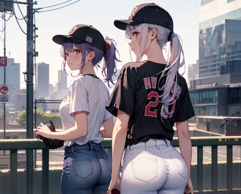 (Close-up:1.3),Realistic,Highest quality, Super detailed, High-quality CG rendering, The most delicate and beautiful, Floating softly, High resolution, (1 girl), (Highest quality,4K,8K,masterpiece:1.2), Light purple hair,(Hair in a bun:1.5),Red eyes,(Pure white oversized short sleeve T-shirt:1.3),(Black skinny jeans:1.3),(Pure white baseball cap:1.3),In the city,old buildings,(Turn your back to your audience:1.3),Butt