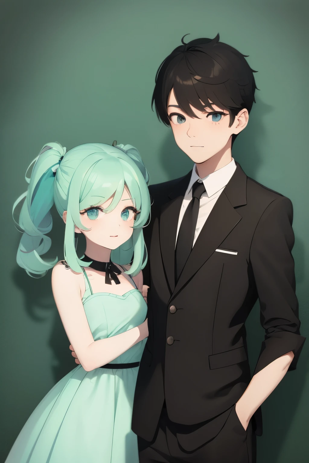 Boy and girl posing for a photo, duo of best friends, mint green hair girl, dark eyes, black hair boy, black eyes, Birthday Party, handsome boy and girl