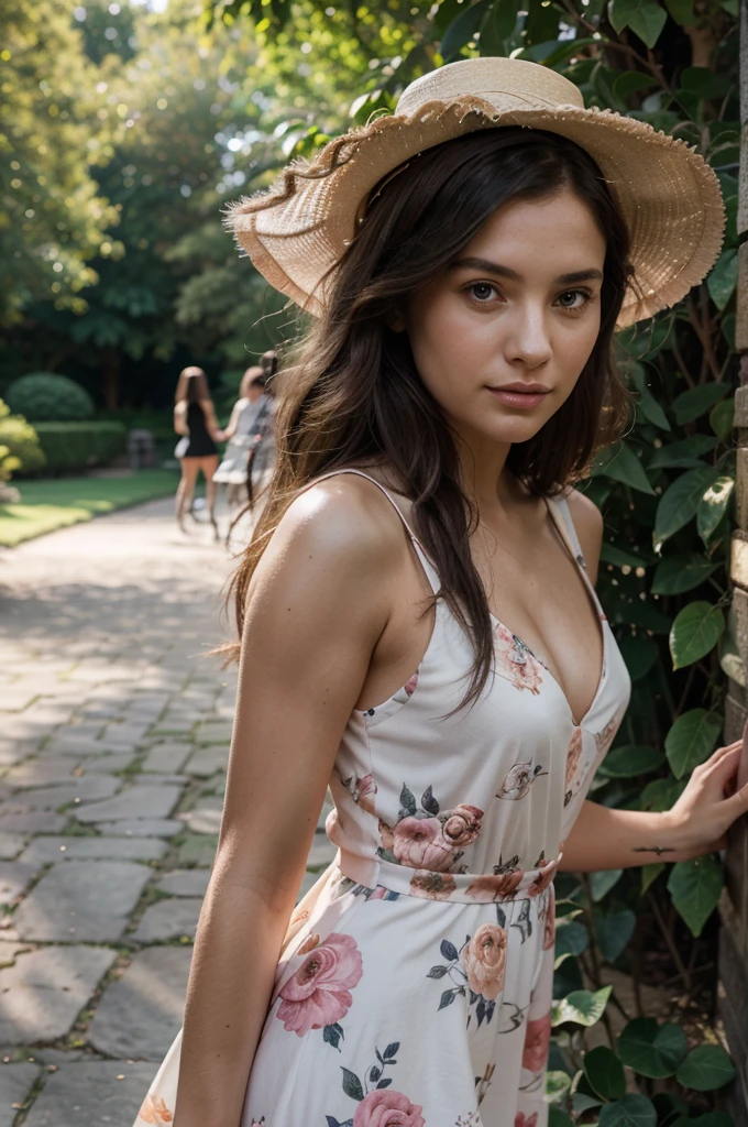 1girl in, 30 years old, Square face, Long hair, Looking at viewer, jewelry, Reality, Sexy, in a flowing A-line, floral dress complemented by a wide-brimmed hat, in a picturesque park or botanical garden