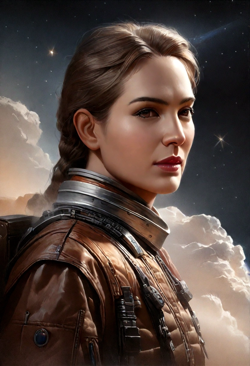 (best quality, 4K, 8K, A high resolution, Artwork:1.2), (realistic, photorealistic, photorealistic:1.37), astronaut floating in space, in the background we have some stars, science fiction, Retro technology futuristic, starry fog, exploration, adventure, mystery, Galactic environment, exalted, isolated heroine, interstellar travel, dramatic contrast, distant planets, majestic face, science fiction fashion, smoke and fog effects, contrasting textures, timeless beauty