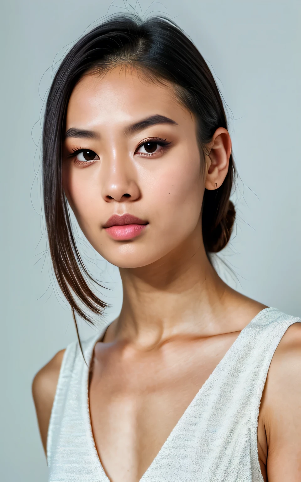 ultra-high-resolution 8K, best quality, (photo realistic:1.4) profile photo, BREAK (fashion model, asian, woman), athlete, 30years old, dark straight hair, slicked back hair, square face, black and small eyes, stern eyes, thick and straight eyebrows, snub nose, plump lips, fair skin with detailed and realistic skin texture, BREAK looking straight ahead, upper torso shot capturing her intense gaze, BREAK (muscular body), single eyelid, closed mouth, natural makeup, wearing white no-sleeve top, exuding the vibe of a fashion model with a neutral, serious expression, BREAK
