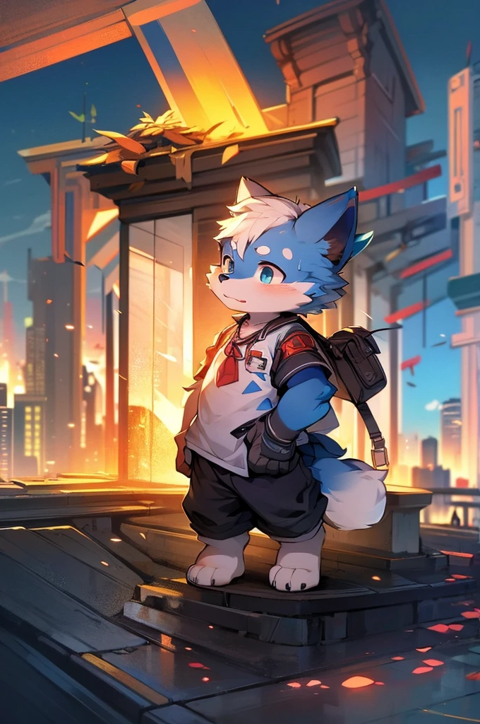 Blue fur, Canine, fox motif, boy, uniform,expensive,One person,Stand up on your own feet,expensive,Cityscape,expensive,The scene of the explosion!!!!run away,Whimpering,