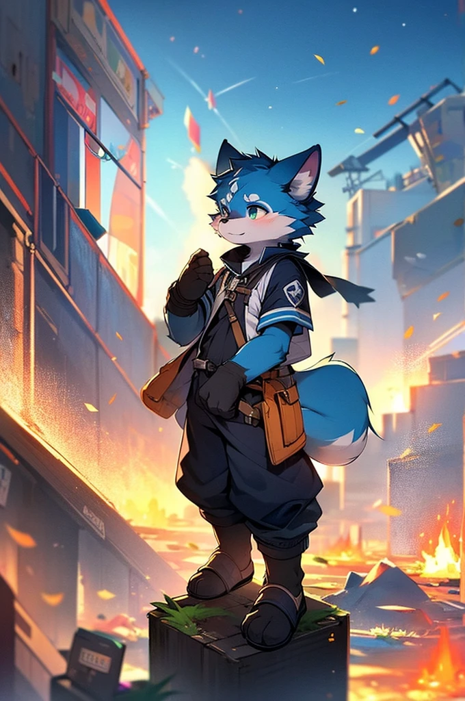 Blue fur, Canine, fox motif, boy, uniform,expensive，One person，Stand up on your own feet，expensive，Cityscape，expensive，The scene of the explosion！！！！run away，Whimpering，