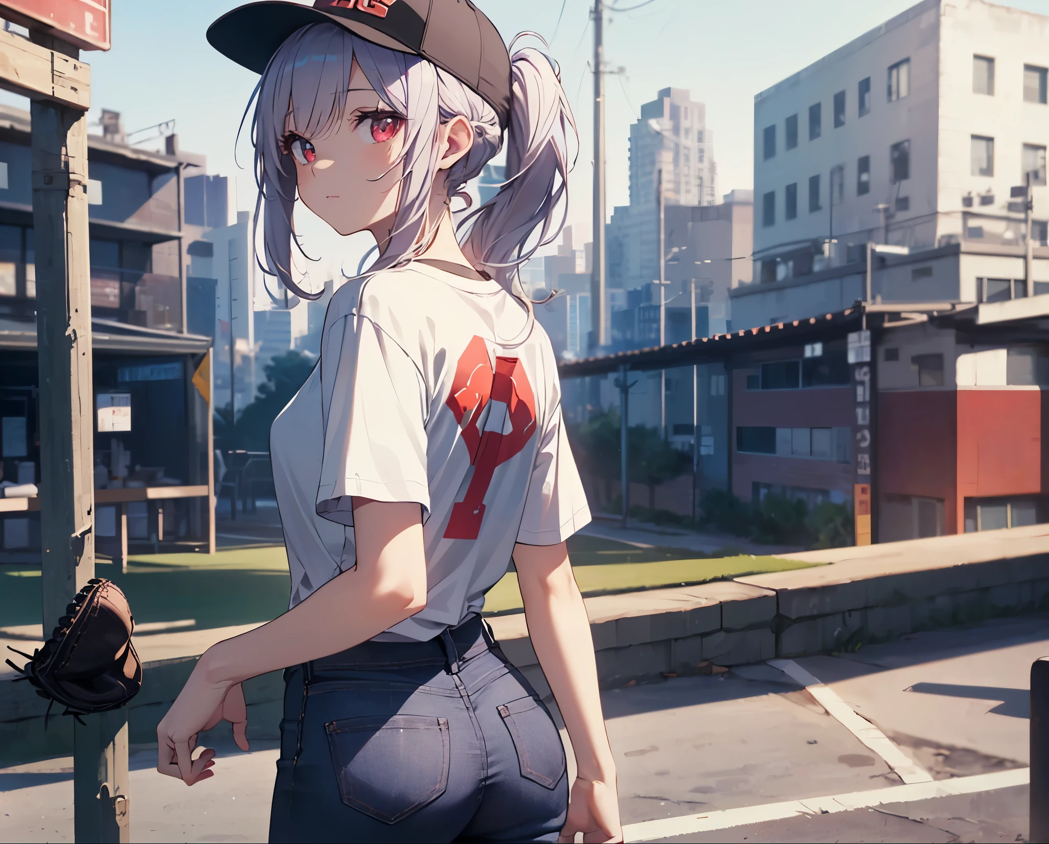 (Close-up:1.3),Realistic,Highest quality, Super detailed, High-quality CG rendering, The most delicate and beautiful, Floating softly, High resolution, (1 girl), (Highest quality,4K,8K,masterpiece:1.2), Light purple hair,(Very long ponytail:1.5),Red eyes,(Pure white oversized short sleeve T-shirt:1.3),(Black skinny jeans:1.3),(Pure white baseball cap:1.3),In the city,old buildings,(Turn your back to your audience:1.3),Butt