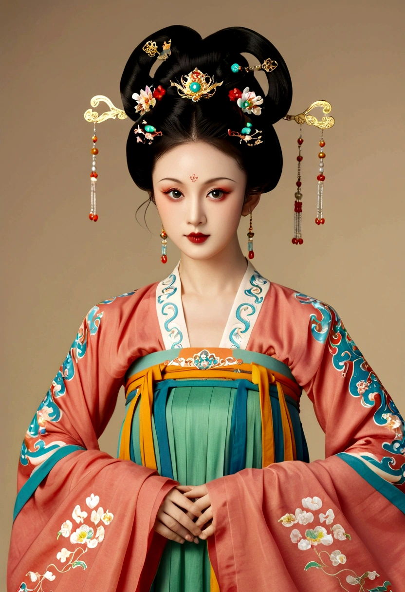 Beautiful girl portrait，Fairy，symmetry，Round Face，Bright Eyes，Smooth skin，Chinese Tang Dynasty Flag Costume,egotistical,High bun，Holding a round fan，Long flowing sleeves，Clean background