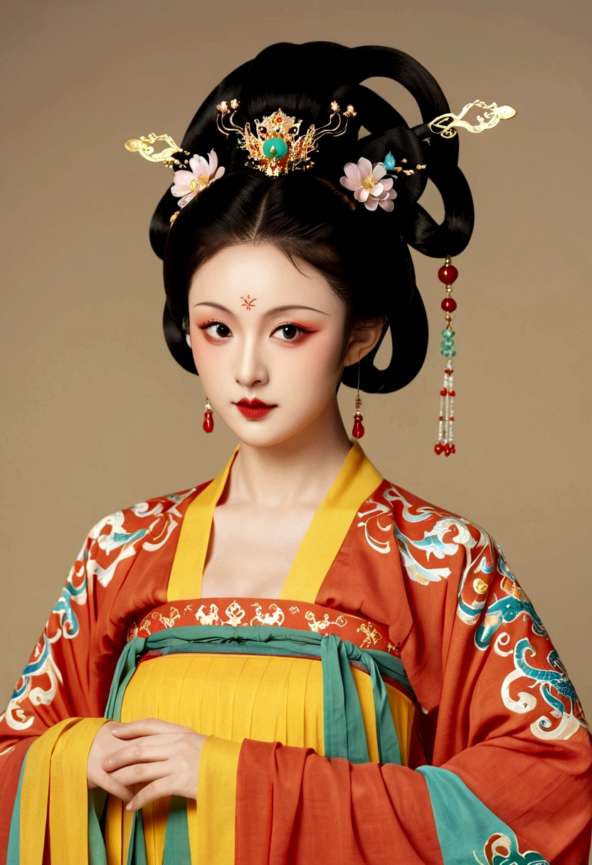 Beautiful girl portrait，Fairy，symmetry，Round Face，Bright Eyes，Smooth skin，Chinese Tang Dynasty Flag Costume,egotistical,High bun，Holding a round fan，Long flowing sleeves，Clean background