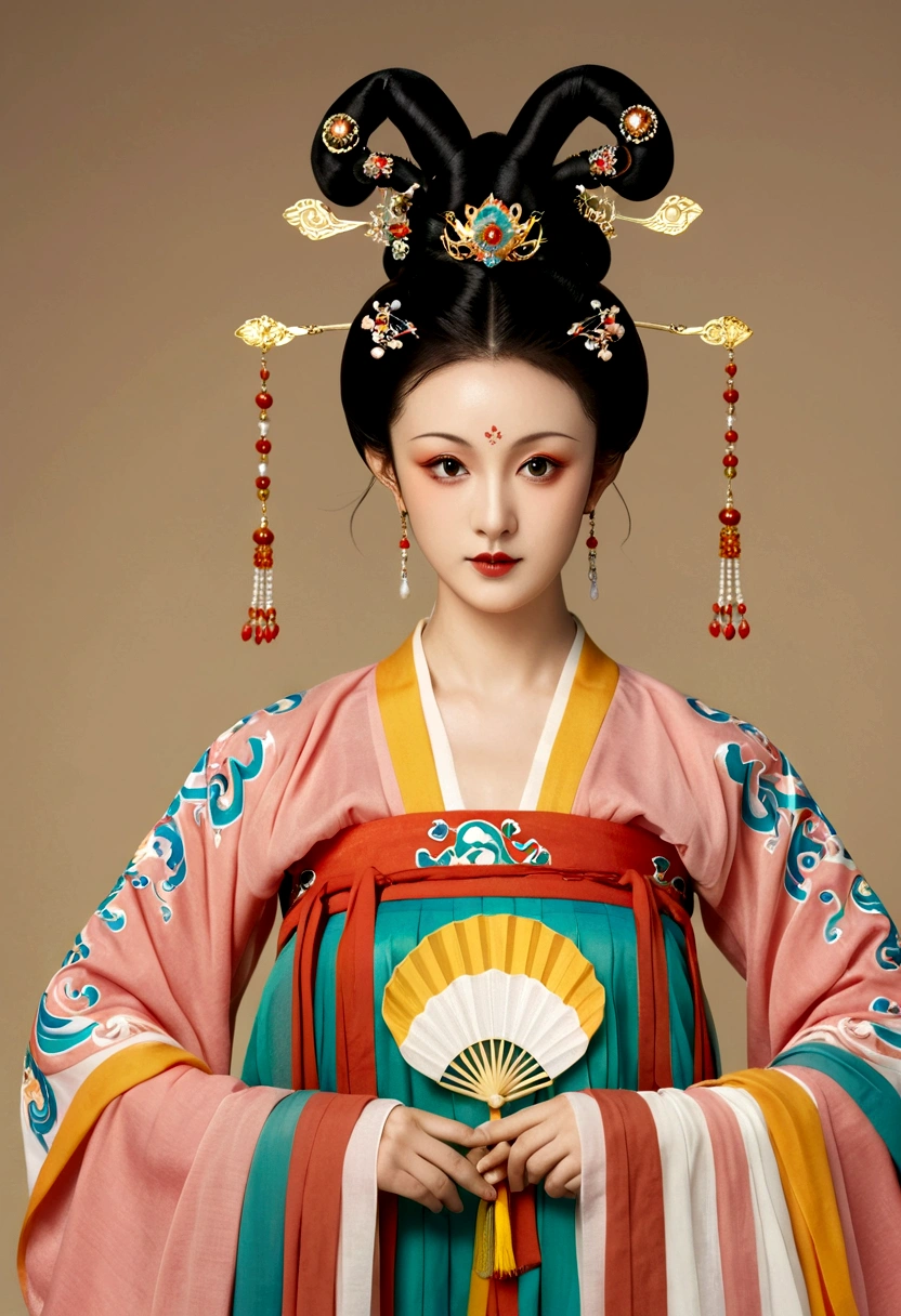 Beautiful girl portrait，Fairy，symmetry，Round Face，Bright Eyes，Smooth skin，Chinese Tang Dynasty Flag Costume,egotistical,High bun，Holding a round fan，Long flowing sleeves，Clean background