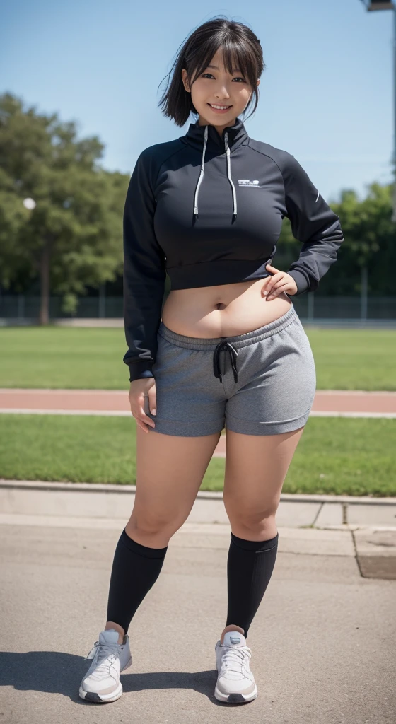 japanese very cute lady on the school gymnasium, cute smile face, face shadow,age20,enter the whole body,RAW photo, gray track suit, sneakers, full body shot, ((((thick thighs)))), black short hair, small breasts, large buttocks, face shadow,best quality,realistic, photo-realistic, best quality ,masterpiece,an extremely delicate and beautiful,very realistic,extremely detailed,2k wallpaper, Amazing, finely detail, 8k wallpaper,huge filesize , ultra-detailed, highres, extremely detailed,realistic, 8K, Ultra-High Definition, highest quality, ultra high resolution, (realistic:1.4), High quality texture