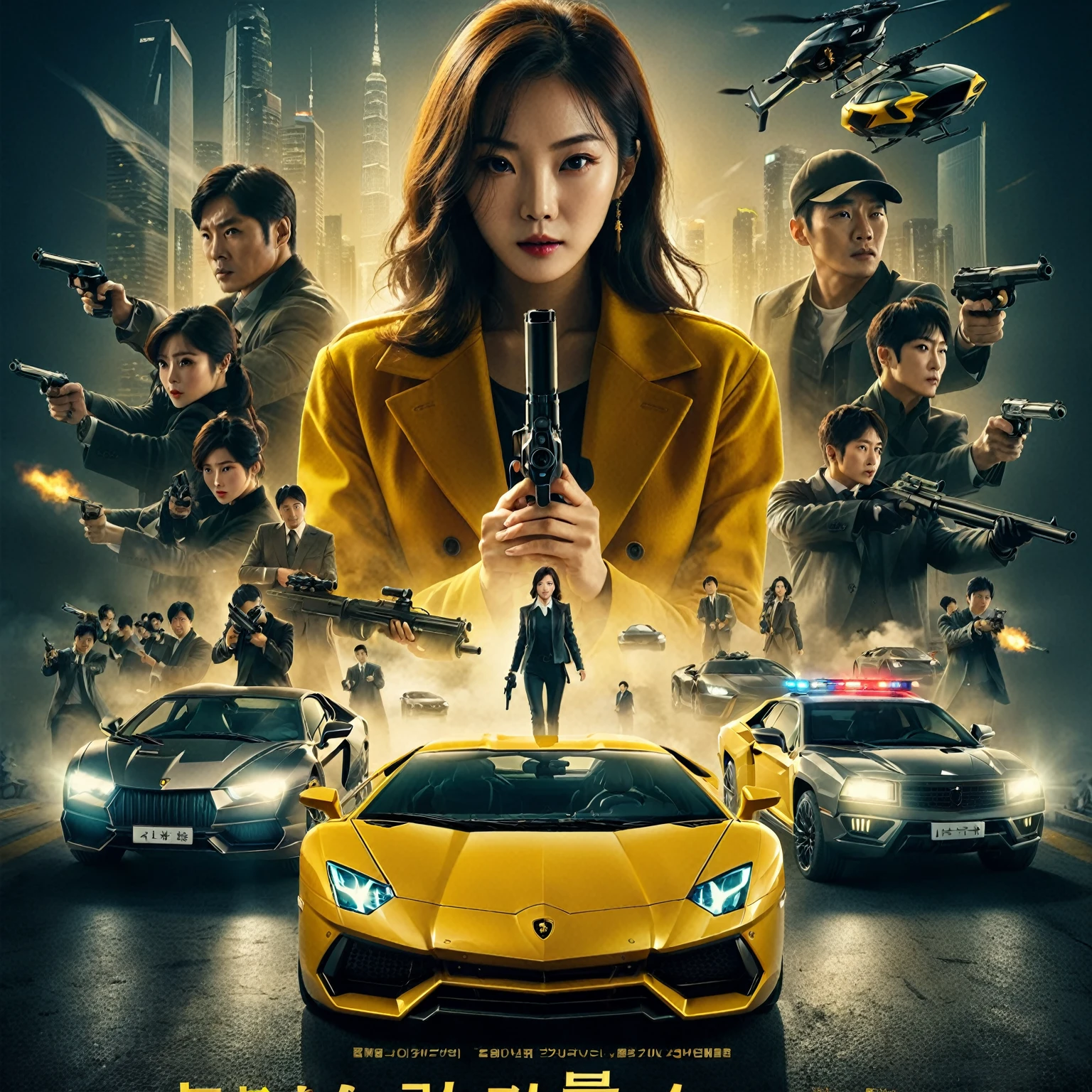 a poster for the movie's first korean drama, the woman with the gun, facing at the camera, Yellow Lamborghini Aventador luxury car theft case, a car owned by a billionaire, thieves, detective, uncover theft, special secret agent, investigate, key character poster, 2024 korean action thriller film noir, promotional movie poster, cinematic action film, futuristic action film, concept art, futuristic abstract background, UHD 1536px, realistic human, photorealistic, high quality.