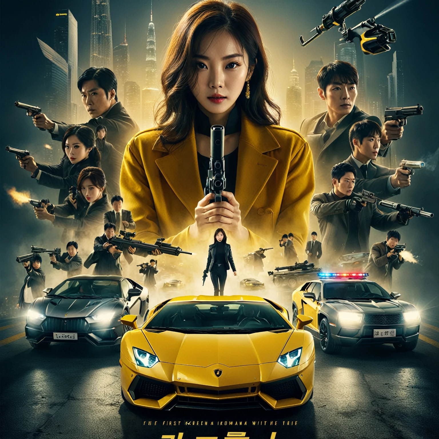 a poster for the movie's first korean drama, the woman with the gun, facing at the camera, Yellow Lamborghini Aventador luxury car theft case, a car owned by a billionaire, thieves, detective, uncover theft, special secret agent, investigate, key character poster, 2024 korean action thriller film noir, promotional movie poster, cinematic action film, futuristic action film, concept art, futuristic abstract background, UHD 1536px, realistic human, photorealistic, high quality.
