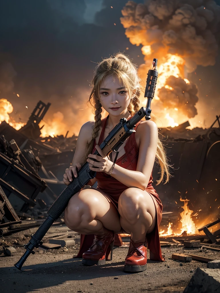 (Top quality,Ultra HD,lifelike: 1.4)(Cowboy Shooter 1),Beautiful armed girl, (K-Pop Idol) ,Detailed face,opposition,Perfect anatomy,Smooth skin,Professional lighting, (Wearing a red super short flame pattern aqua dress,Red high heels,blond,Close-up shot of a girl with two short braids squatting),Victory in battle,Smile of victory(background,Destroyed buildings,Fire, (Huge explosion) ) ,For the audience,Full body close-up, (Holding weapon, Holding rifle, Purposeing, Purpose:1.2), gun, H&k hk416, 马gun, Fire,