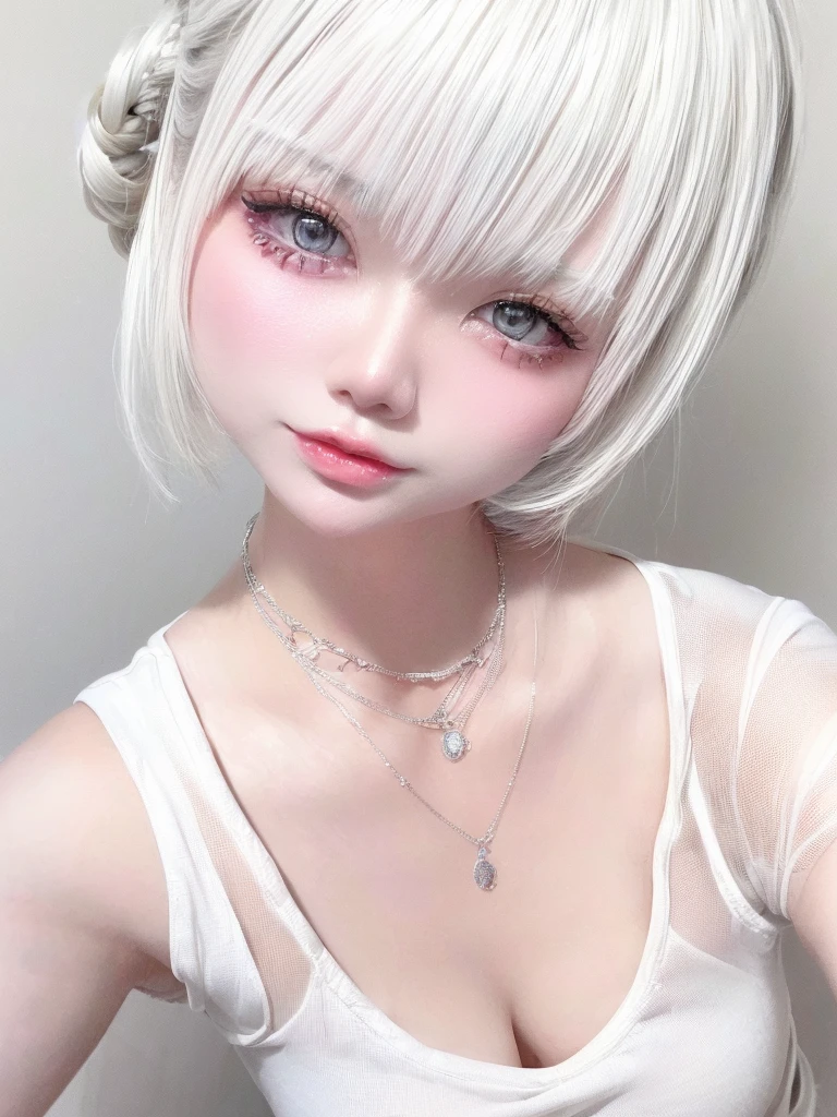 (((amount、White 、Asian Woman、beautiful girl、Silver Hair、White Background、)))、Tabletop, Highest quality, shape, Very detailed, finely, High resolution, 8k wallpaper, Perfect dynamic composition, finelyて美しい目, Deco Out, Medium Hair, Small breasts, Natural color lip,White Background, Random cute poses,White tank top、(((See-through 1.5)))、Necklaces and earrings、