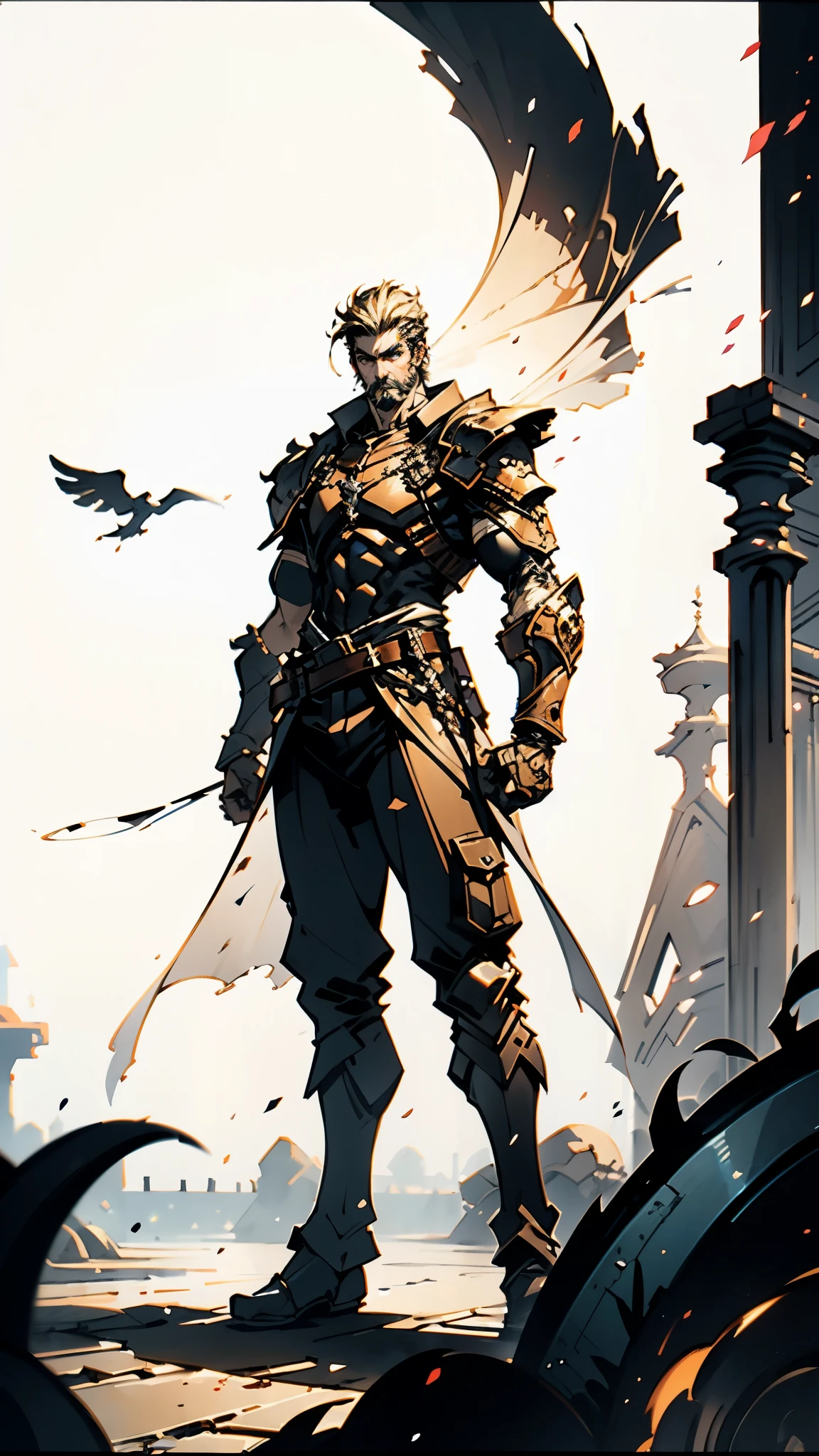 (masterpiece:1.2, best quality, extremely delicate, perspective, foreshortening, dynamic angle), a middle-aged man with slicked-back golden hair, a dignified face, deep eyes, a mustache on his upper lip, a focused expression, tall and muscular, covered in scars, fantasy-reality style warrior leather armor, ribbons tied around his arms, black iron bracers, dark cargo pants, standing guard in front of a fortress gate, this character embodies a finely crafted fantasy-realist style warrior in anime style, exquisite and mature manga art style, dramatic, high definition, highres, ultra-detailed, ultra-fine painting, professional, perfect body proportions, golden ratio, anatomically correct, symmetrical face, extremely detailed eyes and face, high quality eyes, creativity, RAW photo, UHD, 32k, Natural light, cinematic lighting, masterpiece-anatomy-perfect