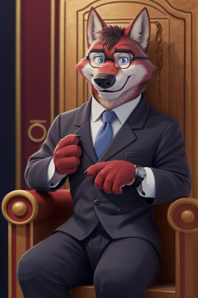 Ivan Fedorovich Wolfbach (Novosibirsk) ,tall handsome, wolf,young, 24 years, brown fur,Kind,(red body:1.3),beautiful blue eyes,Novosibirsk,dressed, black, Judge's Mantle, glasses shirt, tie, trousers, , wolf, detailed fur, male,paw pads, finger claws,At the viewer, 5 fingers, paws, 5 fingers, smile, wrist watch, т nextel,by xenoforge, (difficult, high detail, digital photography, soft focus, RAW variety вкдущий передачи,Very close to the camera, variety,Novosibirsk, smile, good mood, positive, Very close to the camera, is sitting, presenter of the fashion show, is sitting, on the throne, 
Photorealism, realistic, digital style, Subsurface scattering,I look at the viewer,worth getting a haircut, looks at the mirror, men&#39;s cosmetics,
masterpiece, Best quality, ultra realistic, 8 thousand.)