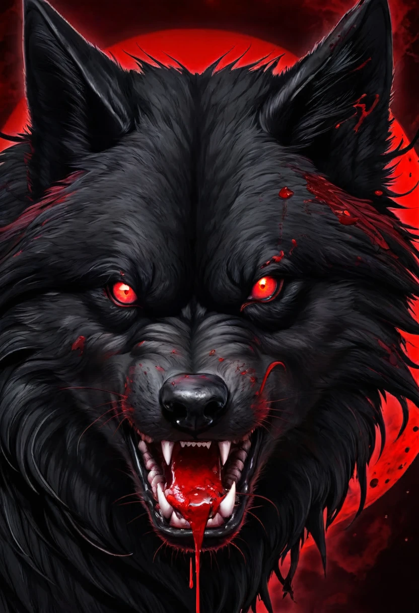 black alpha obo red eyes and red moon behind ( furious, with blood in the mouth, how scary)
