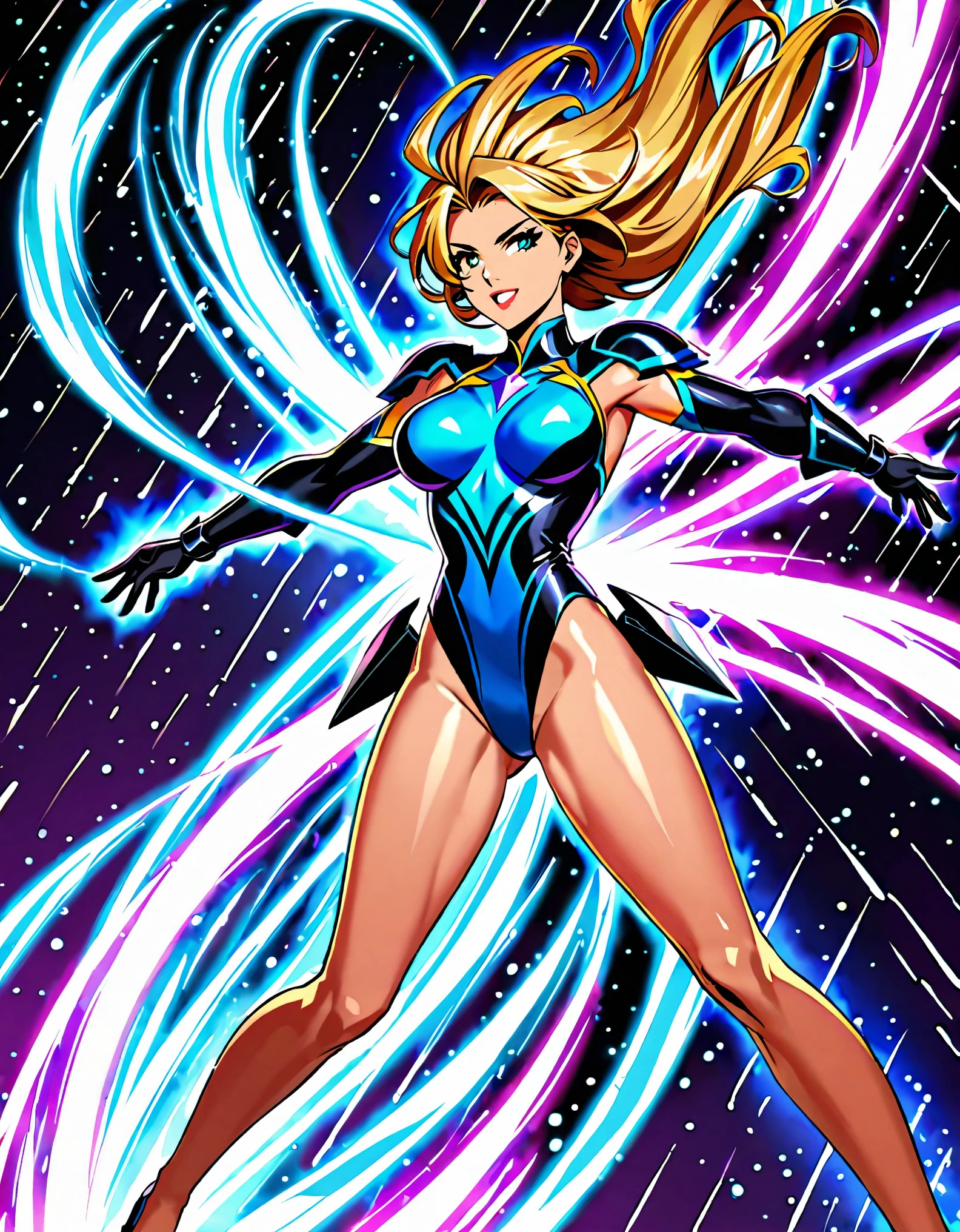 In a world where time is as fluid as the wind, Tornado Tempest emerges as a beacon of hope. Clad in a striking leotard with vibrant colors symbolizing her connection to the elements, her bare legs and gloves add a touch of elegance and power to her formidable presence. With a single spin, she transforms into a whirlwind, traversing the fabric of time itself. Her mission? To right the wrongs of the past, protect the present, and secure the future. Each journey through the ages brings her face-to-face with historic challenges, formidable foes, and the eternal struggle between good and evil. Whether she's thwarting a villainous plot in the distant past or preventing a catastrophe in the far future, Tornado Tempest's resolve is unyielding. With her unparalleled agility and control over the forces of nature, she proves time and again that true heroism knows no bounds. Join Tornado Tempest as she spins into action, embracing the chaos of the temporal storm and emerging victorious, one era at a time