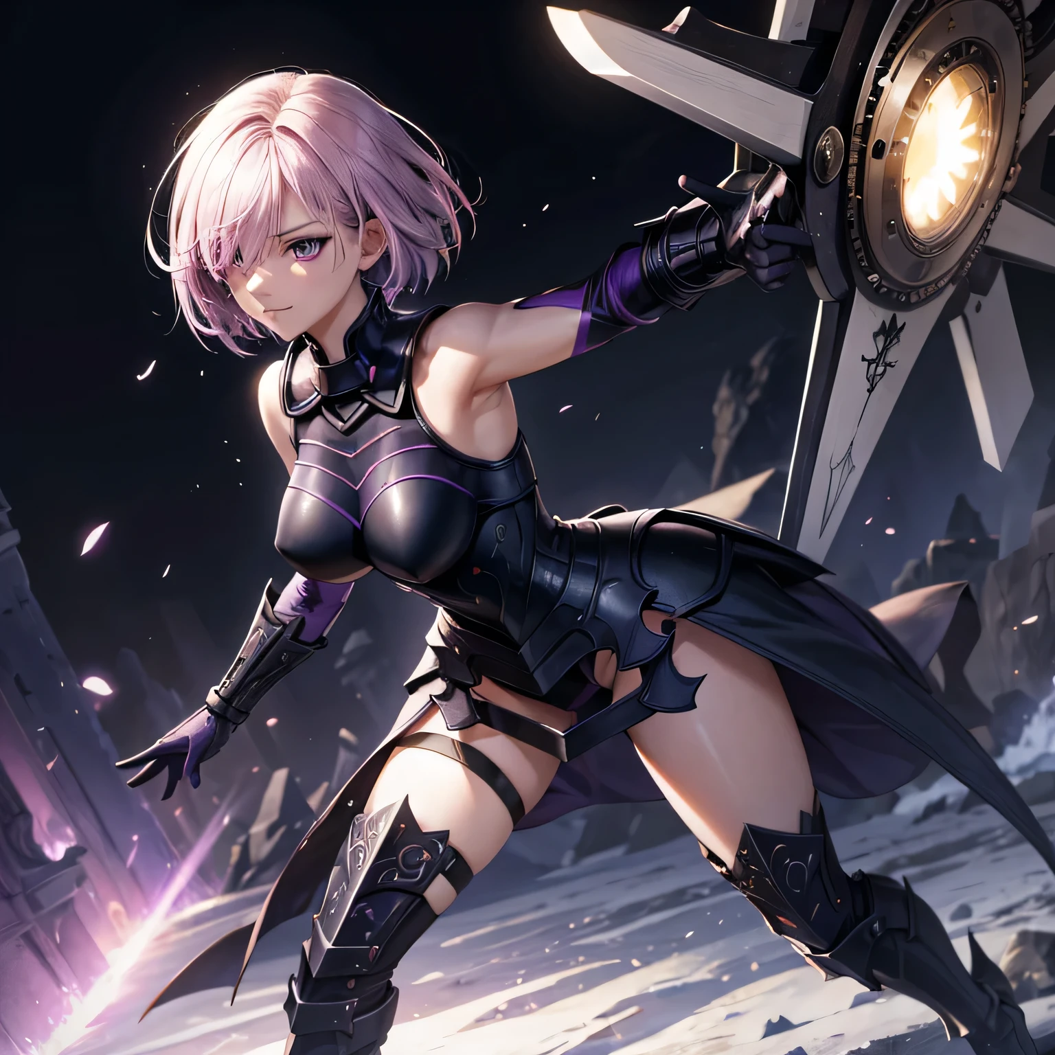 full body, masterpiece, best quality, 1girl, (detailistic), dark armor, dark cross shield, mash kyrielight, light purple hair, short hair, hair over one eye, smile, slim body, detailed eyes, ultra-detailed, hyper-realistic, 8k, cinematic lighting, dramatic lighting, dramatic atmosphere, intricate details, exquisite details, flawless skin, beautiful face, elegant pose, powerful presence, captivating expression, vibrant colors, stunning contrast