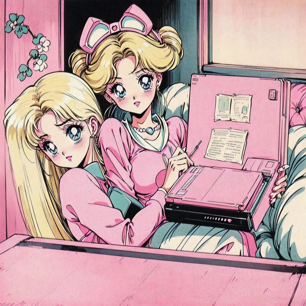 (Blonde Barbie:1.2),(pink outfits:1.1),(vintage 90's:1.1),(romance anime style:1.3), black hair, writing diary, black and white