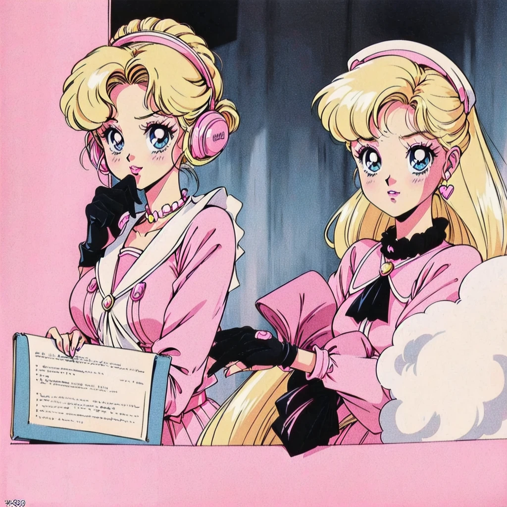 (Blonde Barbie:1.2),(pink outfits:1.1),(vintage 90's:1.1),(romance anime style:1.3), black hair, writing diary, black and white