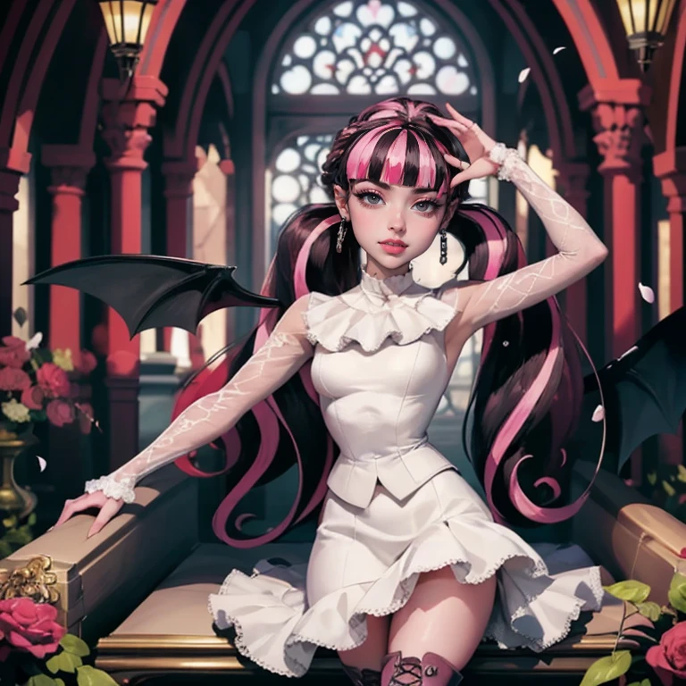 ((high quality)), ((Work of art)), (more detail), 1girl, succubus, centered, a girl with a bat wings, wedding dress, award winning upper body portrait, cowboy shot, Draculaura_MH, solo, black half hair, pink half hair, multicolored hair, long hair, wave hair, braided hair, white shirt, white skirt, pink knee boots, smiling, gothic architecture, cemetery scenery, gold lanterns, white roses, depth of field, cinematic composition, half black hair, half soft pink hair, wave hair, seat close to a coffin, white roses, smile, vampire fangs, wedding dress, bat wings, white dress, white dress with transparency, pink laces, white gloves, white high socks, pink high hills boots, bat jewelry, jewelry, grass, white roses on focus, Draculaura_(monster high), Monster High, looking at the viewer, more details on the clothes, petals in the air