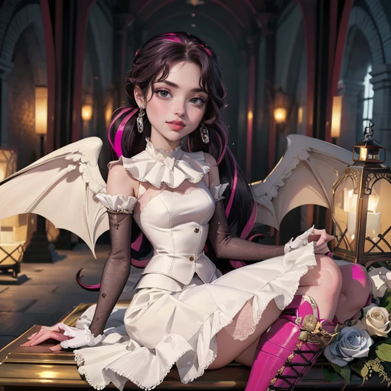 ((high quality)), ((Work of art)), (more detail), 1girl, succubus, centered, a girl with a bat wings, wedding dress, award winning upper body portrait, cowboy shot, Draculaura_MH, solo, black half hair, pink half hair, multicolored hair, long hair, wave hair, braided hair, white shirt, white skirt, pink knee boots, smiling, gothic architecture, cemetery scenery, gold lanterns, white roses, depth of field, cinematic composition, half black hair, half soft pink hair, wave hair, seat close to a coffin, white roses, smile, vampire fangs, wedding dress, bat wings, white dress, white dress with transparency, pink laces, white gloves, white high socks, pink high hills boots, bat jewelry, jewelry, grass, white roses on focus, Draculaura_(monster high), Monster High, looking at the viewer, more details on the clothes, petals in the air