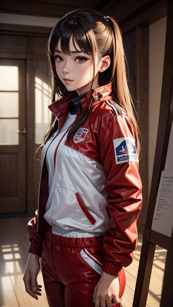 (8k, Best Quality, Masterpiece:1.2), ultra detailed, Masterpiece, realistic lighting,Masterpiece, Best Quality, Masterpiece, Official Art,Extremely detailed CG unity 8k wallpaper,Beautiful detailed eyes, light in the face, 1 girl, Asuka,Upper part of the body, old, pilot_It lasts, plugIt lasts, red_Jacket, windbreaker, gloves, bandage, Hair_ornament, brace,  
