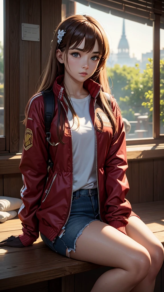 (8k, Best Quality, Masterpiece:1.2), ultra detailed, Masterpiece, realistic lighting,Masterpiece, Best Quality, Masterpiece, Official Art,Extremely detailed CG unity 8k wallpaper,Beautiful detailed eyes, light in the face, 1 girl, Asuka,Upper part of the body, old, pilot_It lasts, plugIt lasts, red_Jacket, windbreaker, gloves, bandage, Hair_ornament, brace,