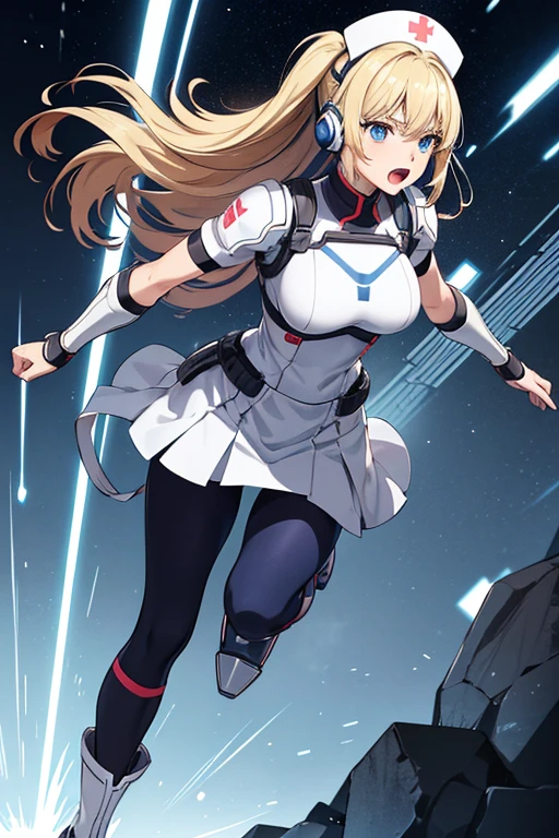 Anime Art、Full body portrait、Future SF soldier、A woman around 38 years old, about 175cm tall, running, wearing a white shirt and a tight skirt、Open mouth and screaming、Hairstyle is medium、Blonde、Blue Eyes、Black tights、Wearing breastplate, shoulder armor, arm guards and leg guards、headset、Nurse cap、sports boots