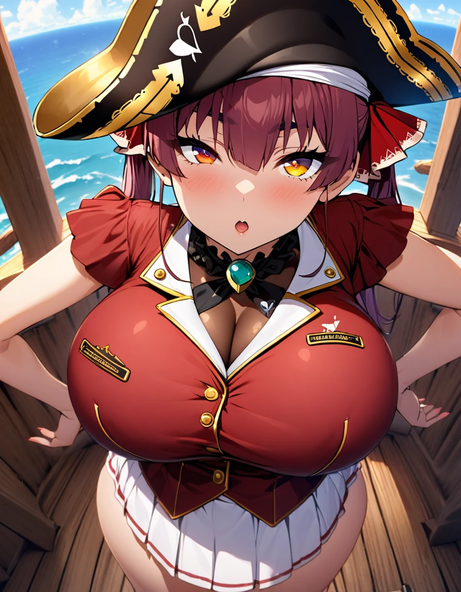 houshou marine,1girl,solo,Only the right eye is yellow,Super huge breasts,looking at viewer,Taken from the viewpoint above,upturned eyes,near,standing up,in Big pirate ship,cabin