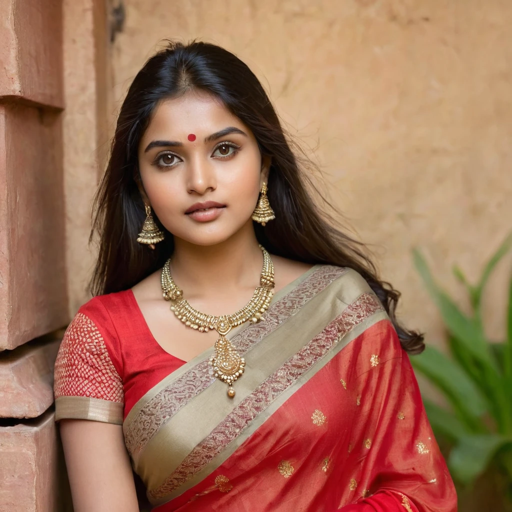 A full photo, from head to toes full photo 6000×6000, of an Indian girl having Naturally natural round face, naturally natural button nose, naturally natural round eyes, naturally natural hazel color irises, naturally natural long hair, naturally natural pouty mouth, naturally natural even teeth, natural naturally round cheeks, naturally natural round chin, natural naturally round jawline, natural naturally pouty lips, natural naturally swany neck, naturally natural perky breasts, naturally natural deep clevage, naturally natural vixen hips, naturally natural mermaid thighs, naturally natural shapely legs, naturally natural chisled calves, naturally natural bubble buttocks, naturally natural alabaster skin and naturally natural symmetrical body parts dressed in red saree and traditional attire