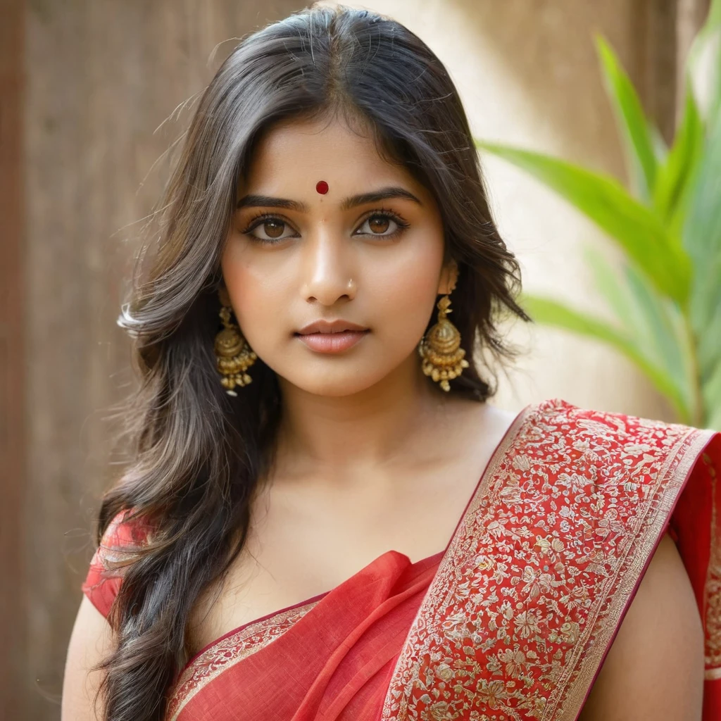 A full photo, from head to toes full photo 6000×6000, of an Indian girl having Naturally natural round face, naturally natural button nose, naturally natural round eyes, naturally natural hazel color irises, naturally natural long hair, naturally natural pouty mouth, naturally natural even teeth, natural naturally round cheeks, naturally natural round chin, natural naturally round jawline, natural naturally pouty lips, natural naturally swany neck, naturally natural perky breasts, naturally natural deep clevage, naturally natural vixen hips, naturally natural mermaid thighs, naturally natural shapely legs, naturally natural chisled calves, naturally natural bubble buttocks, naturally natural alabaster skin and naturally natural symmetrical body parts dressed in red saree and traditional attire